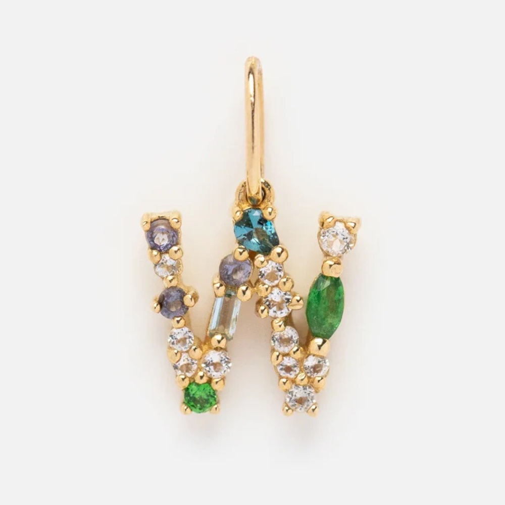 Local Eclectic Solid Gold and Multicolor Gemstone W Initial Pendant Charm